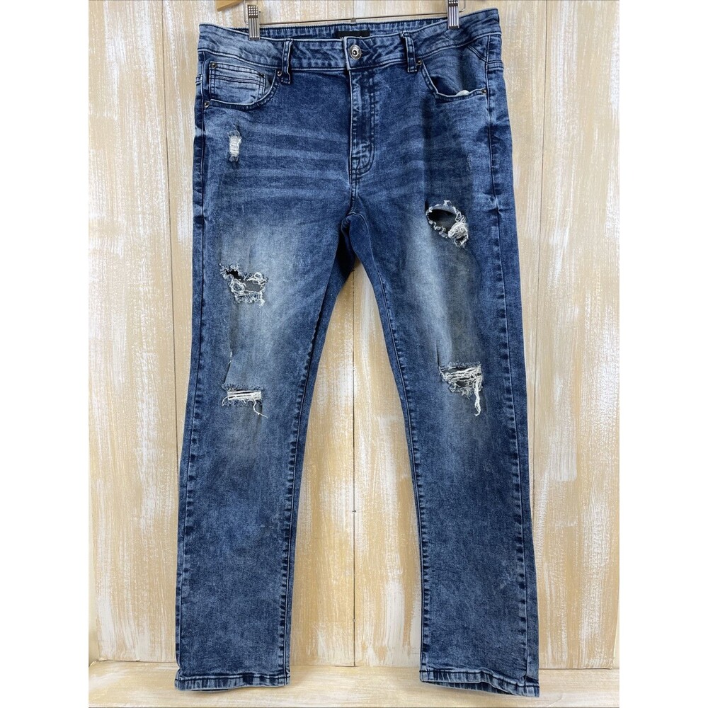WT 02 Pants Mens Blue Denim Jeans Distressed Acid Wash Cotton Blend 38x30